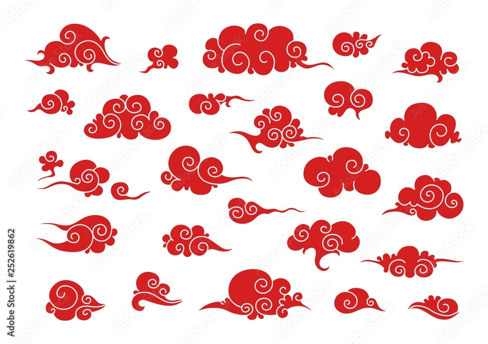 Asian clouds. Japan chinese cartoon blue element china sky background cute cloudy pattern. Vector china cloud set Asian clouds. Japan chinese cartoon blue element china sky background cute cloudy pattern. Vector china cloud set