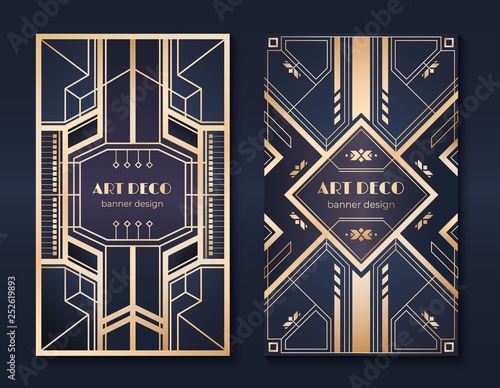 Art deco banners. 1920s party invitation flyer, fancy golden ornamental design, vintage frames and patterns. Art deco flyers set
