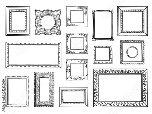 Hand drawn frames. Doodle square and circle boarders, vintage decorative sketch shapes. Vector doodle ornamental boarders set