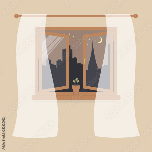 Open wooden window with tulle as design element for interior of room on cream background. Night city scene or cityscape is outside. Plant in pot on windowsill.Vector illustration