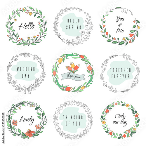 Floral circle doodle frames. Circular laurel wreath, flourish monogram borders, hand drawn botanical shapes. Vector florist frames set