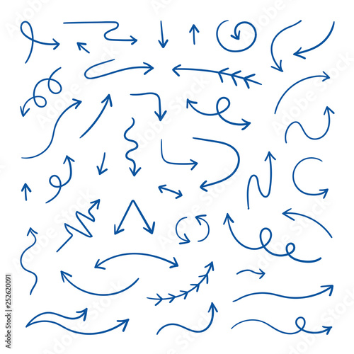 Doodle arrows. Linear hand drawn direction arrows, pen sketch design elements. Wavy loop line arrows. Vector doodle design elements set
