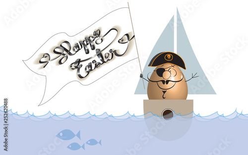 Cartoon of Easter egg as a pirate on the ship with Happy Easter banner isolated on a white background