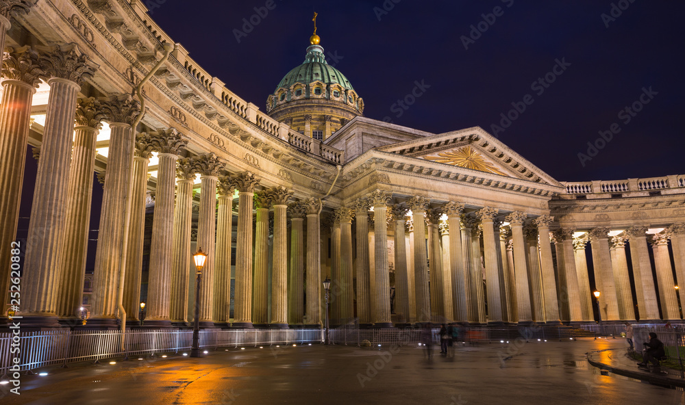 Architectural ensemble Kazan Cathedral located in the center of St. Petersburg in the evening