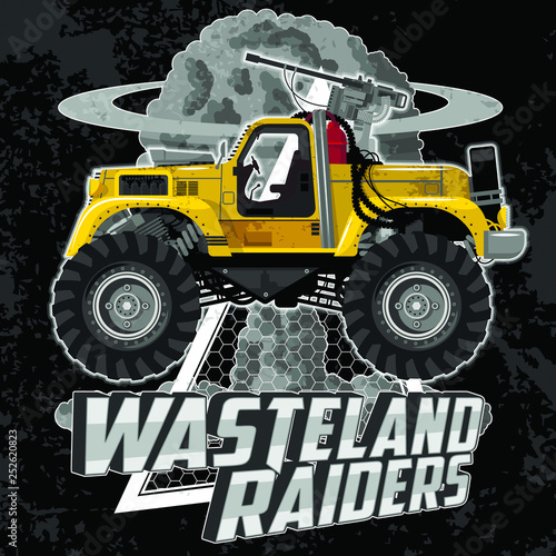 T-shirt illustration with monster cars and grunge elements. All elements located on separate layers. Cracks and abrasions can be disabled.