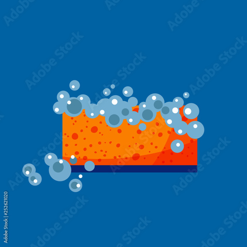 Flat design of cartoon sponge with foam. Template of cleaning supplies. Isolated vector illustration