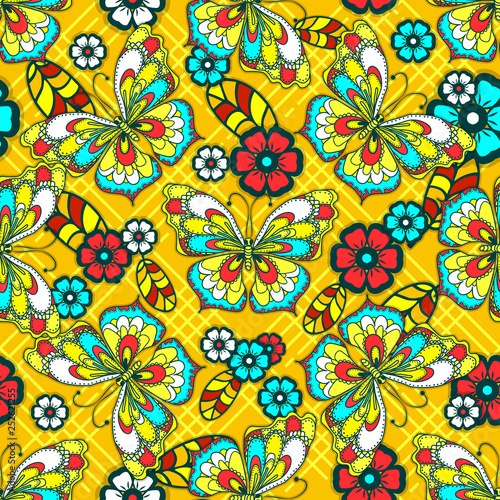 Vector floral ethnic seamless pattern in doodle style. Multicolor drawing of butterflies, flowers and leaves. Gentle, spring, summer floral background. 