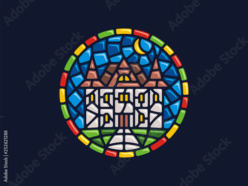 Vector mosaic. Round illustration of the castle. Can be used for application on Souvenirs, dishes, packaging, as well as for stained glass, panels, textiles, and so on.