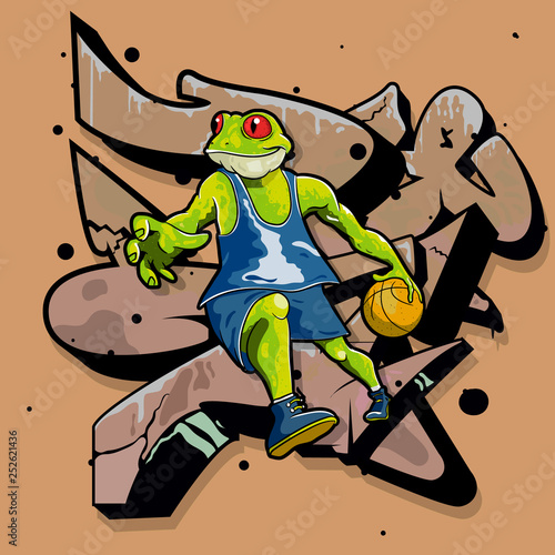 frog basketball player graffiti ball. Vector cartoon sport illustration