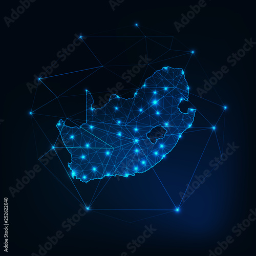 South Africa map glow silhouette outline made of stars lines dots triangles, low polygonal shapes.