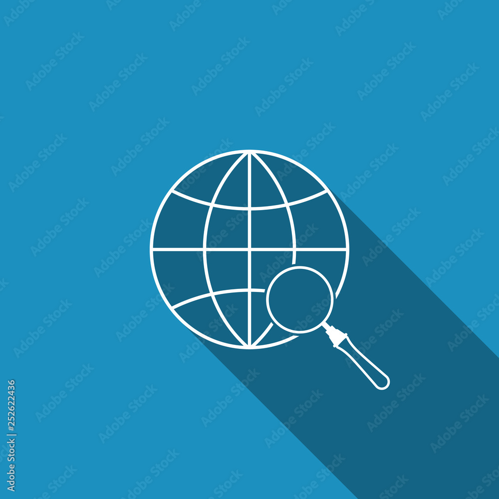 Magnifying glass with globe icon isolated with long shadow. Analyzing the world. Global search sign. Flat design. Vector Illustration Magnifying glass with globe icon isolated with long shadow. Analyzing the world. Global search sign. Flat design. Vector Illustration