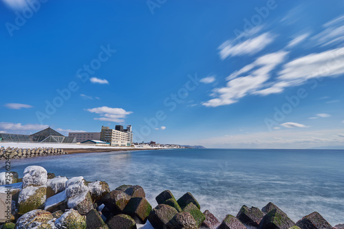 Beautiful landscape scenic of Hakodate coast at the end of Matsukura river to ocean in Hakodate city, Hokkaido, Japan. photo