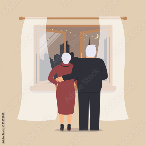 Open wooden window with tulle as design element for interior of room on cream background. Night city scene or cityscape is outside. Pair of seniors stand hugging and look outside.Vector illustration