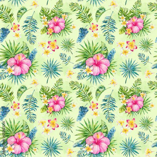 Tropics. Watercolor botanical illustration. Watercolor tropics seamless pattern. Paradise