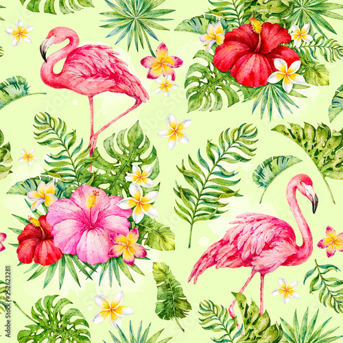 Tropics. Flamingo. Watercolor botanical illustration. Watercolor tropics seamless pattern. Paradise © Katy's Dreams