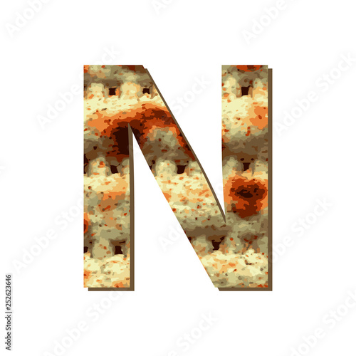 capital English letter N with matza texture. Font for Passover. Vector illustration on isolated background.