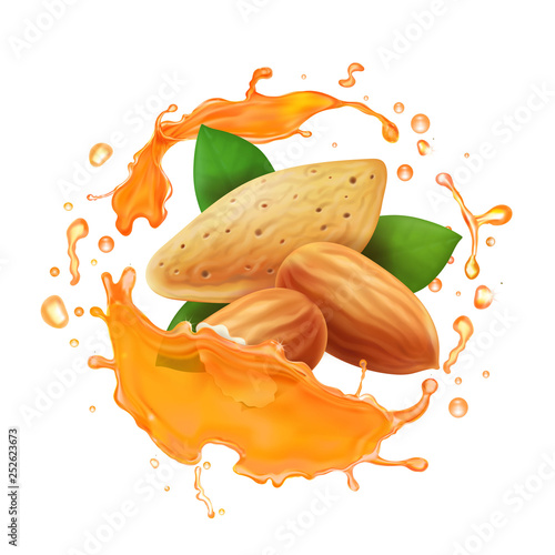 Almonds seeds with melted caramel cream. Nuts in honey splash