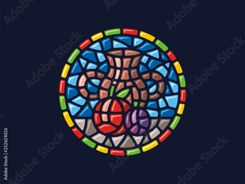 Vector mosaic. Round illustration of still life. Can be used for application on Souvenirs, dishes, packaging, as well as for stained glass, panels, textiles, and so on.