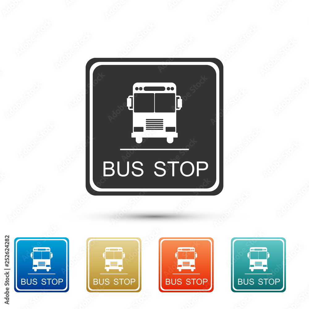 Bus stop sign isolated on white background. Set elements in color icons. Vector Illustration