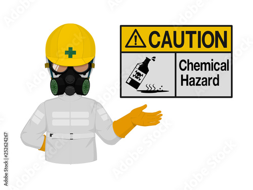 Industrial worker is presenting chemical hazard sign
