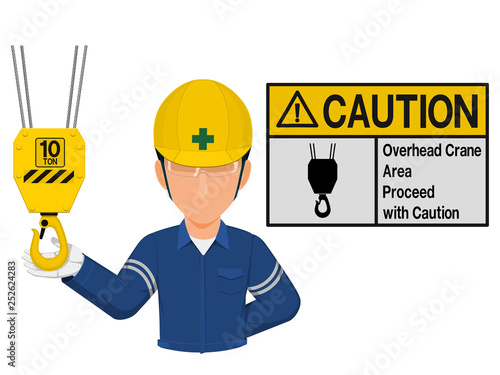 Industrial worker is presenting crane sign