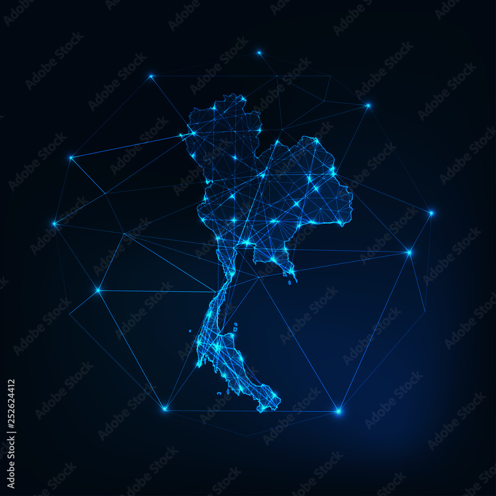 Thailand map glowing silhouette outline made of stars lines dots triangles, low polygonal shapes.