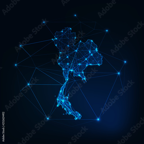 Thailand map glowing silhouette outline made of stars lines dots triangles, low polygonal shapes.