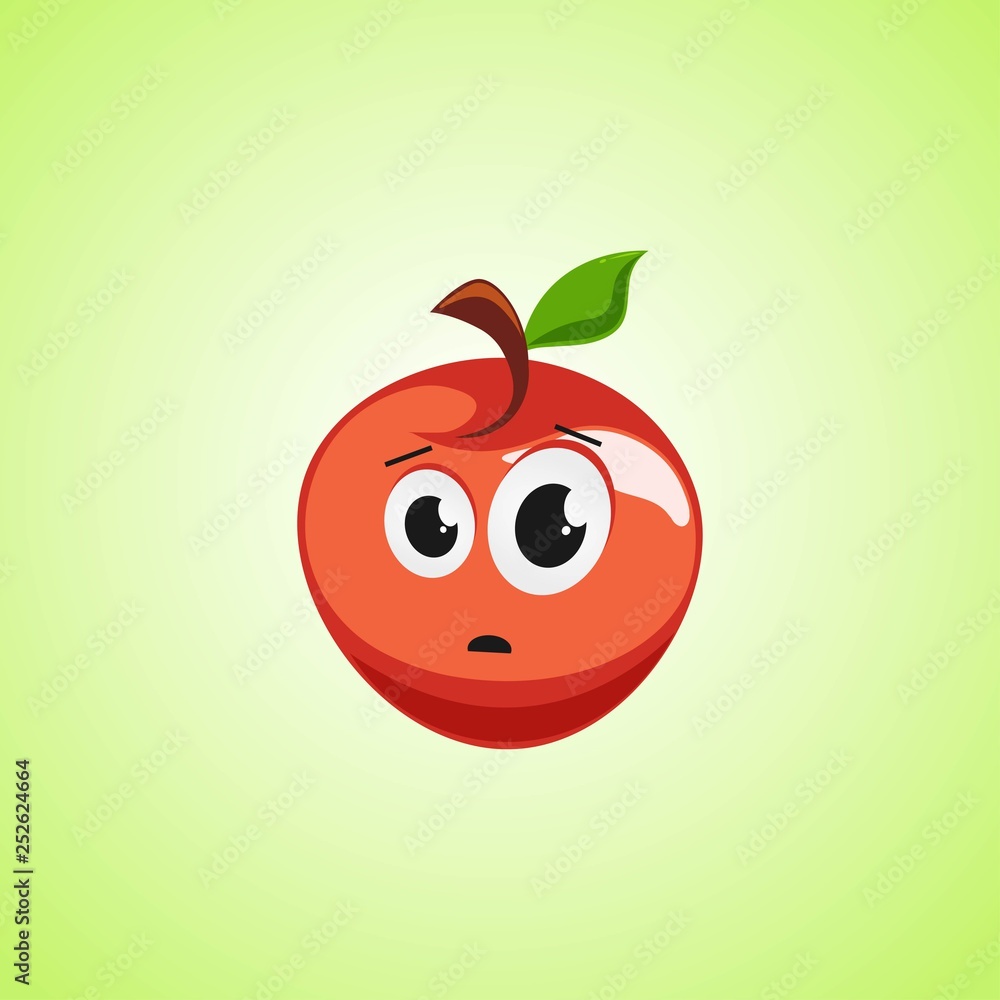 Frightened cartoon red apple symbol. Cute icon of the apple isolated on green background Frightened cartoon red apple symbol. Cute icon of the apple isolated on green background