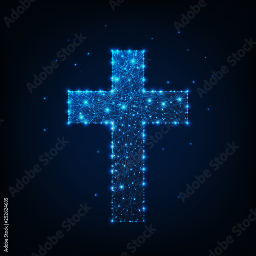 Glowing low polygonal religious christian cross made of lines, stars, dots on dark blue background.