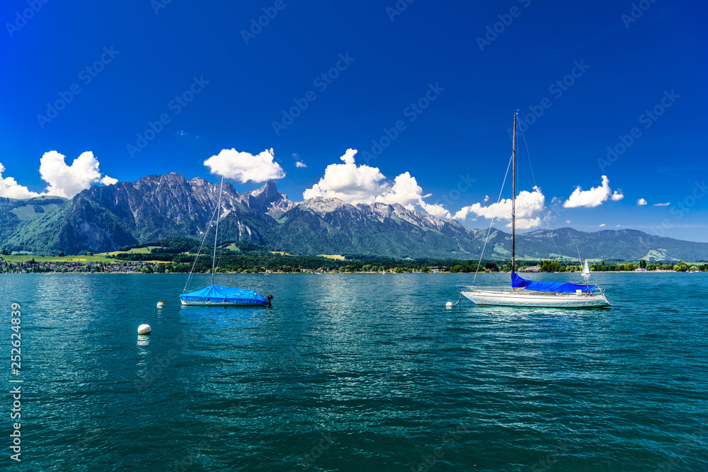 Sailboats in Lake Thun, Thunersee, Bern, Switzerland Sailboats in Lake Thun, Thunersee, Bern, Switzerland