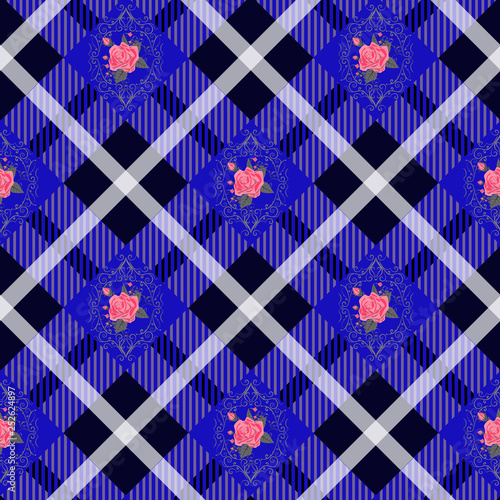Gyan tartan plaid and flowers pattern on checkered background for textile