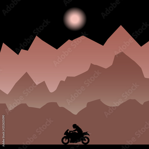 The motorcyclist rides a motorcycle at night in the mountains. Red landscape silhouette sunrise sunset vector flat