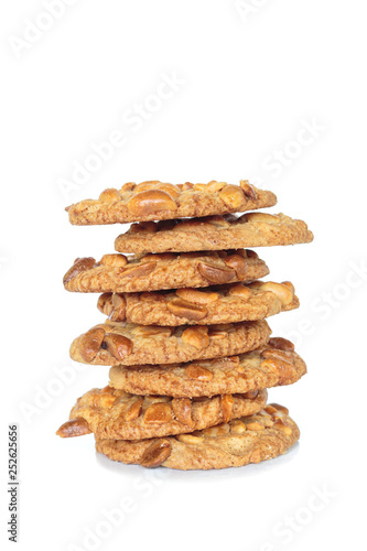 pile peanut cookies on white background.