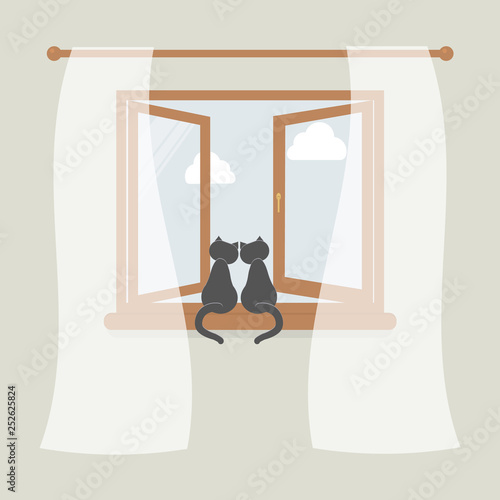 Wooden window with tulle as design element for interior of room on grey background. Outside the sky and white clouds. Pair of cats sit on windowsill and looking in the open window.Vector illustration