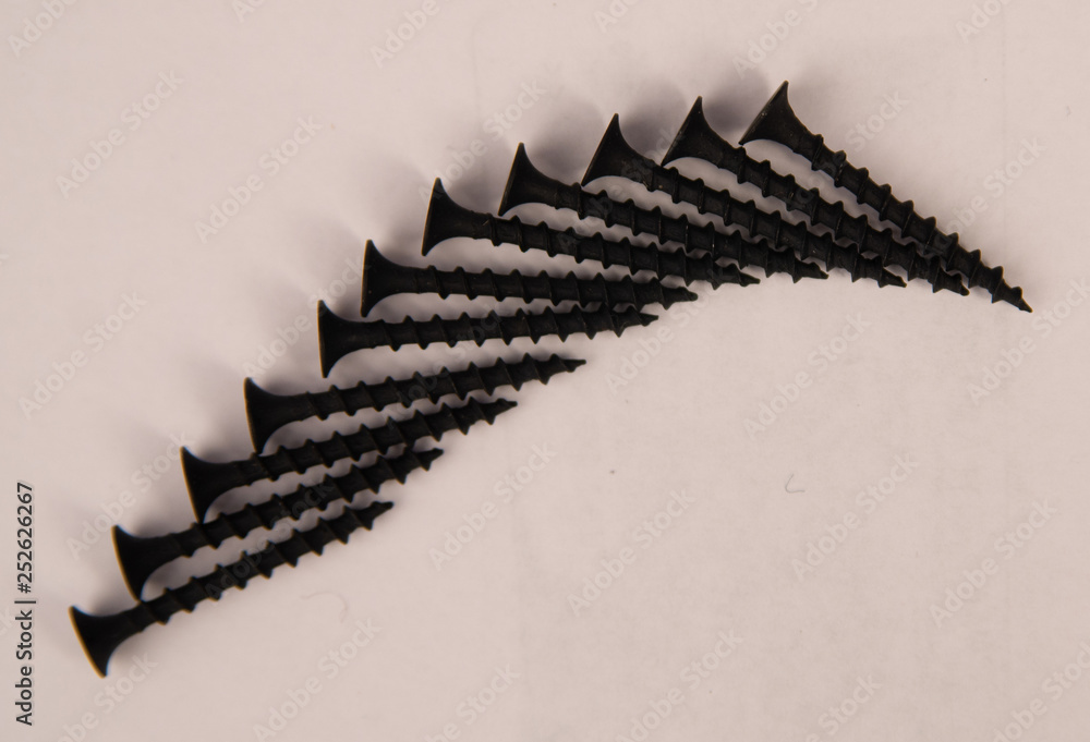 Black self-tapping screws on white background Black self-tapping screws on white background
