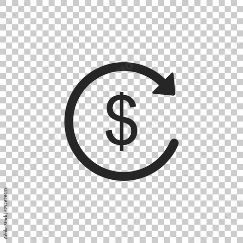 Refund money icon isolated on transparent background. Financial services, cash back concept, money refund, return on investment, savings account, currency exchange. Flat design. Vector Illustration