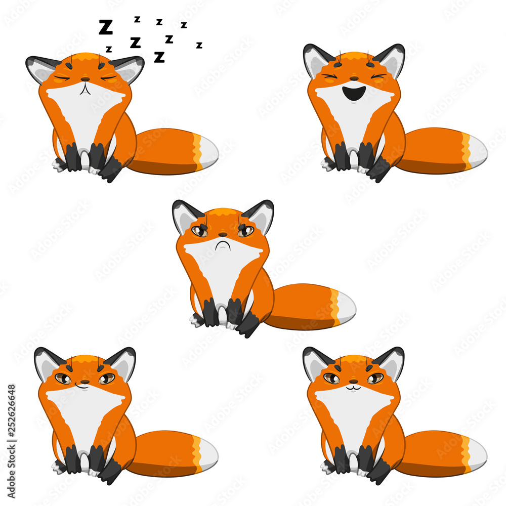 Fototapeta premium Fox. Cartoon animal. Emotion set, chagrin, sticker, emoji, smiley, character. Cute red fox. Stock Vector illustration. White background. Transparency. Print