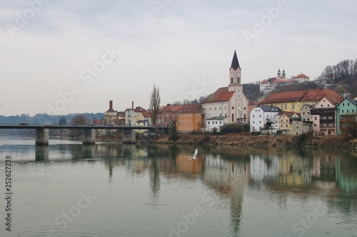Passau in winter. View of the Inn river and the district Innstadt. Bavaria, Germany, Europe.