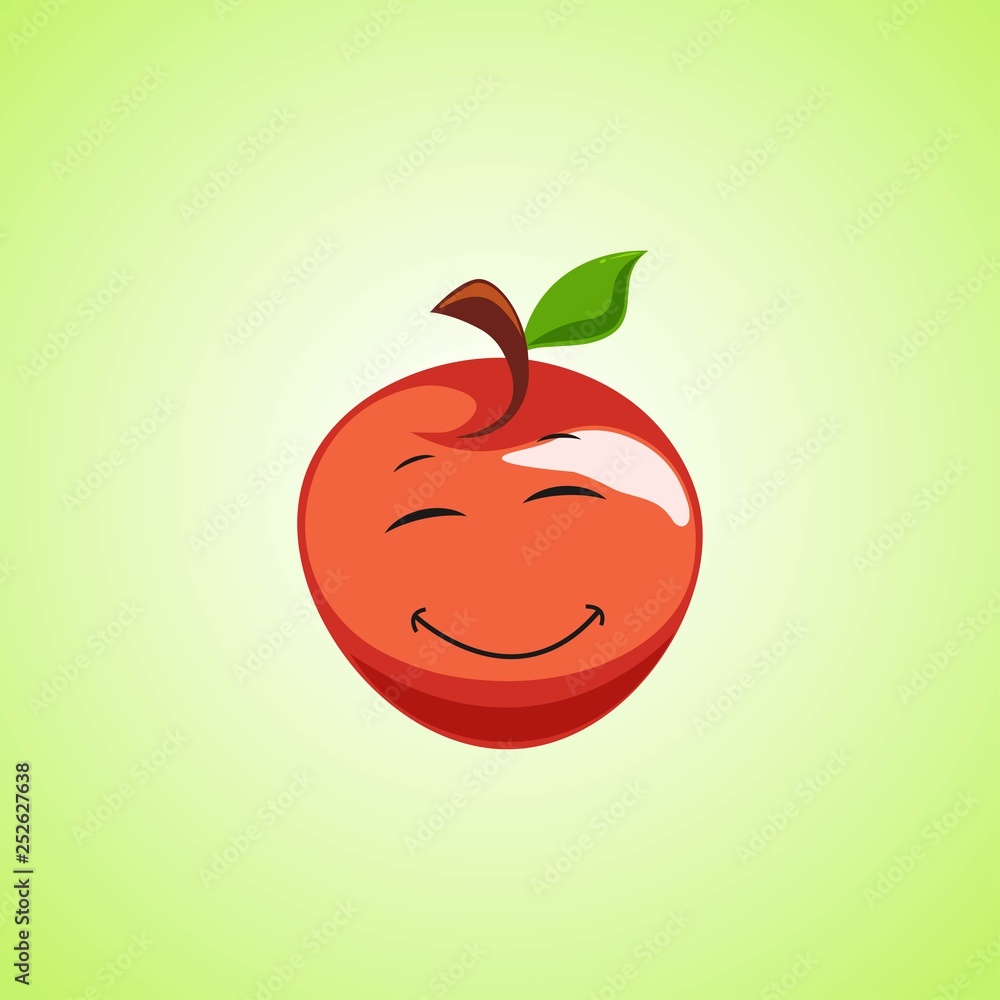 Red Simple Smiling apple with closed eyes Cartoon Character. Cute smiling moon icon isolated on green background Red Simple Smiling apple with closed eyes Cartoon Character. Cute smiling moon icon isolated on green background