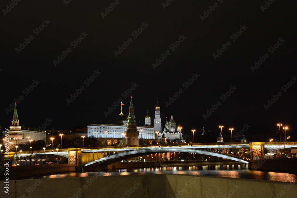 Moscow, Kremlin, Russia, night city, buildings, moon, moonlight, cars, dogrog, light, water, sky, night, city, bridge, water, river, architecture, lights, reflection, light, skyline, travel, panorama,