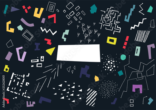 Vector pattern made of colorful shapes and white structures on black background