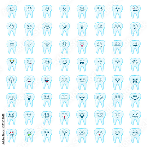 Happy teeth big set. Cute tooth characters. Dental personage vector illustration. Children dentistry.