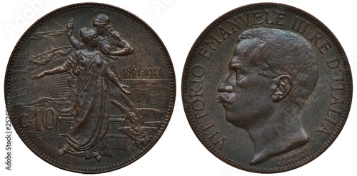 Bilde på lerret Italy Italian coin 10 ten centesimi 1911, subject 50th Anniversary of the Kingdo