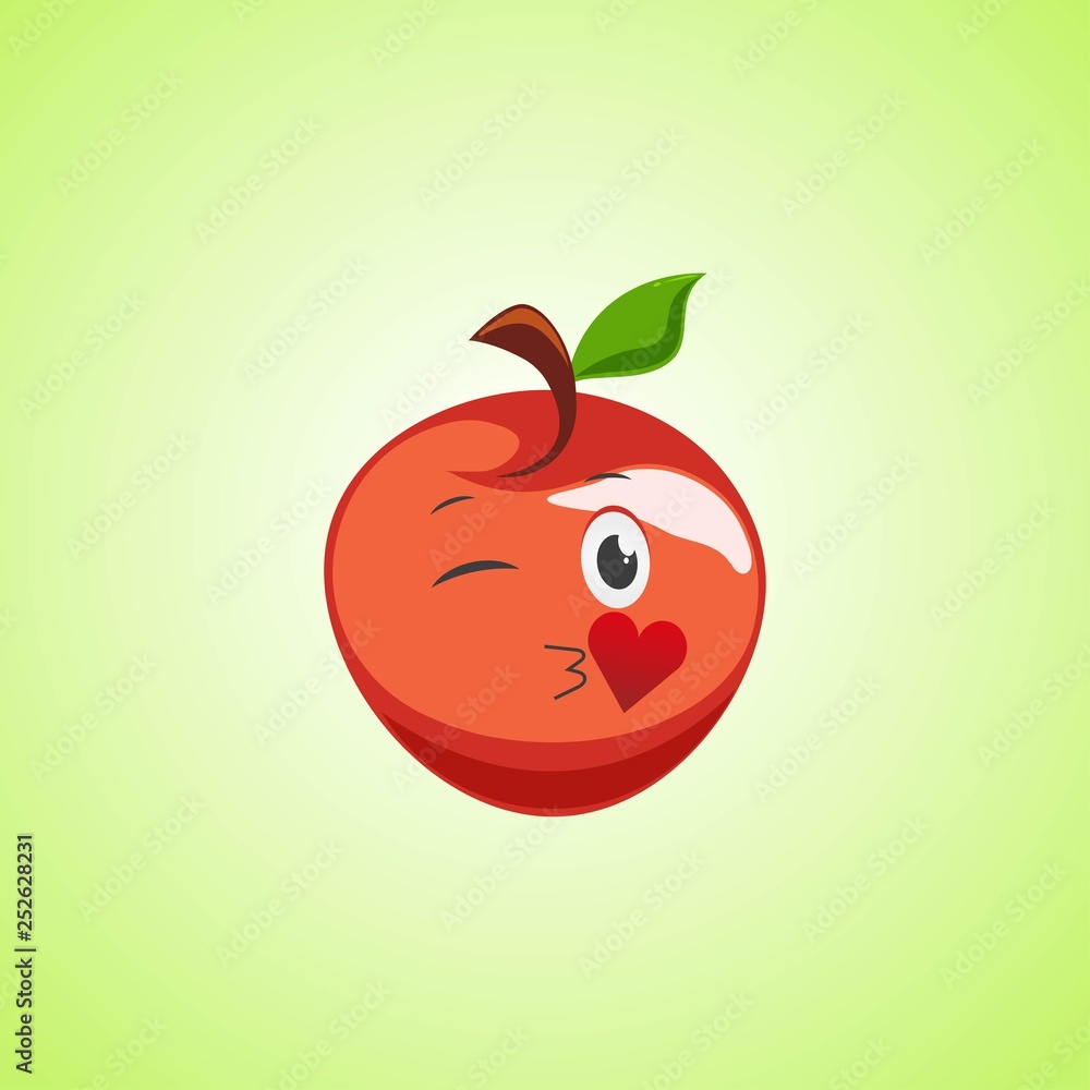 Red Cartoon Symbol apple sending an air kiss. Cute smiling apple icon isolated on green background Red Cartoon Symbol apple sending an air kiss. Cute smiling apple icon isolated on green background