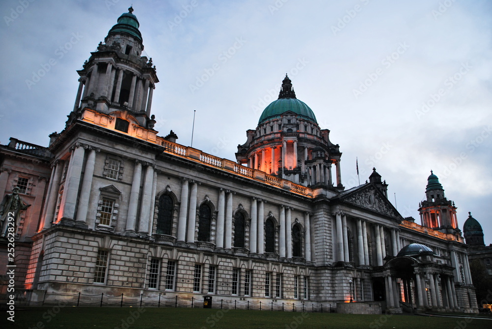 City hall in Belfast during a dusk with overcast sky. Northern Ireland.