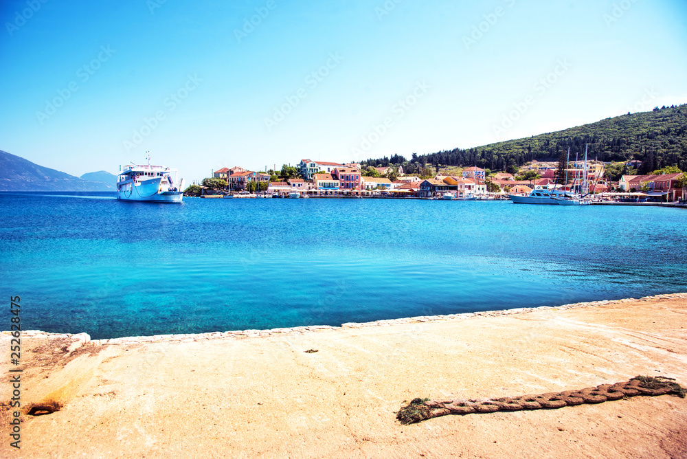Beautiful scenic landscape with bay and ferry in Nydri, Lefkada, Greece. Stunning amazing charming places. prominent tourist towns.