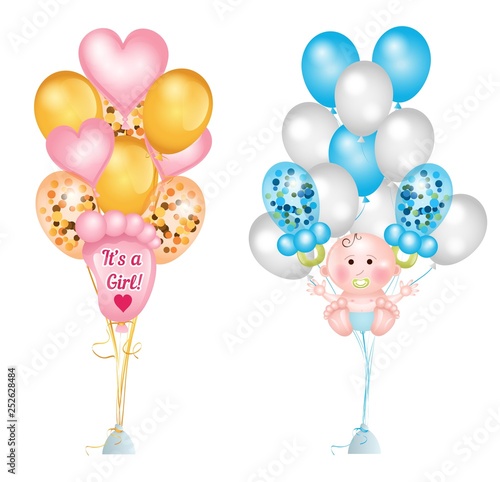 Set of cute balloons for baby shower. Baby footprints, baby boy, baby pacifier, heart balloons and balloons with confetti. Vector greeting balloons set isolated on white background