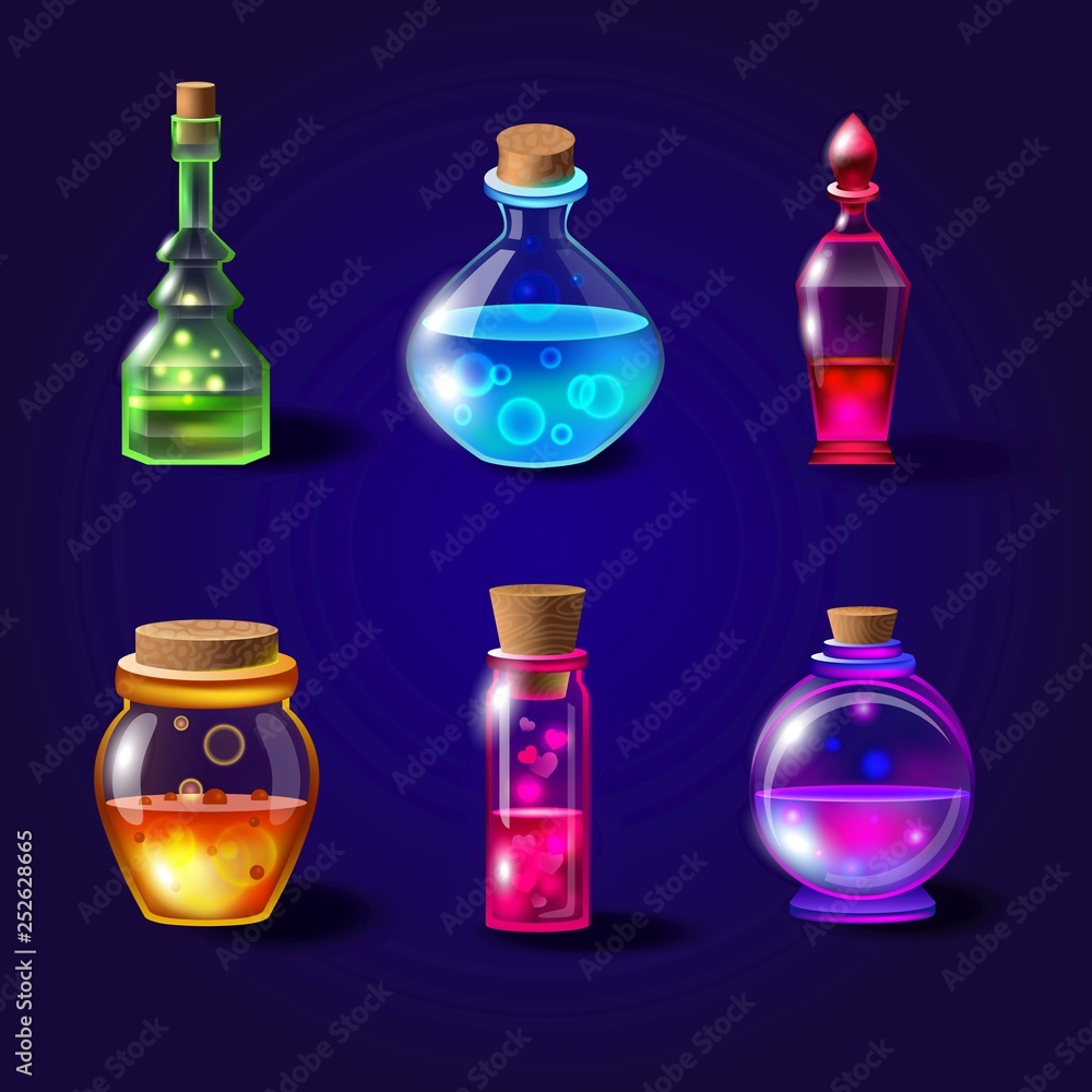 Ensemble D'interface Utilisateur De Jeu De Bouteille De Potion, Kit  D'icônes De Flacon D'assistant De Niveau Rpg Magique, Flacon De Verre  Vectoriel Brillant, Liège. Pack De Pots Bleus De Sorcellerie Halloween,  Poison