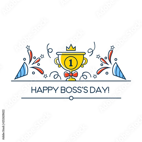 Happy Boss's day greeting card in linear style. Boss day vector illustration design with winner cup, crown and decorative elements. Vector illustration