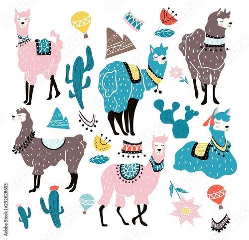 Set of hand drawn alpacas in scandinavian style. Llama illustration with decorative elements. Vector illustration